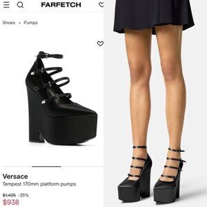 NEW VERSACE Designer Heel Tempest Satin Platform Pumps Straps Black Size 38 5